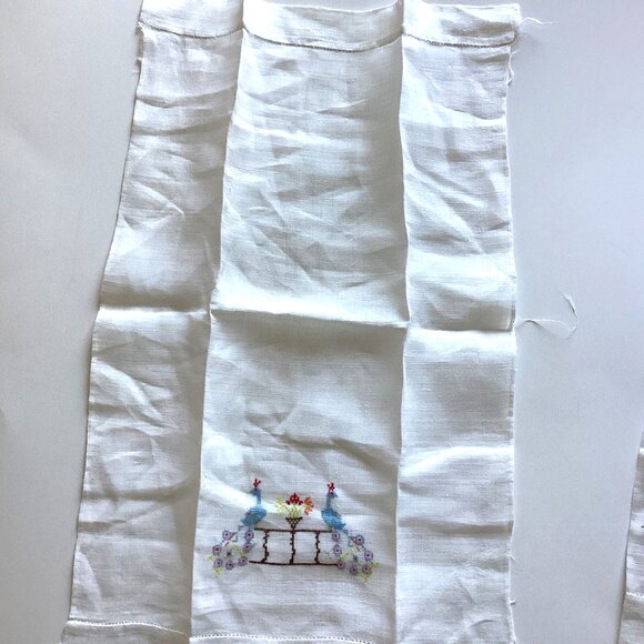 3 Vintage Embroidered Arm Chair Backs White Cotton Linen Table Runners - Picture 2 of 11